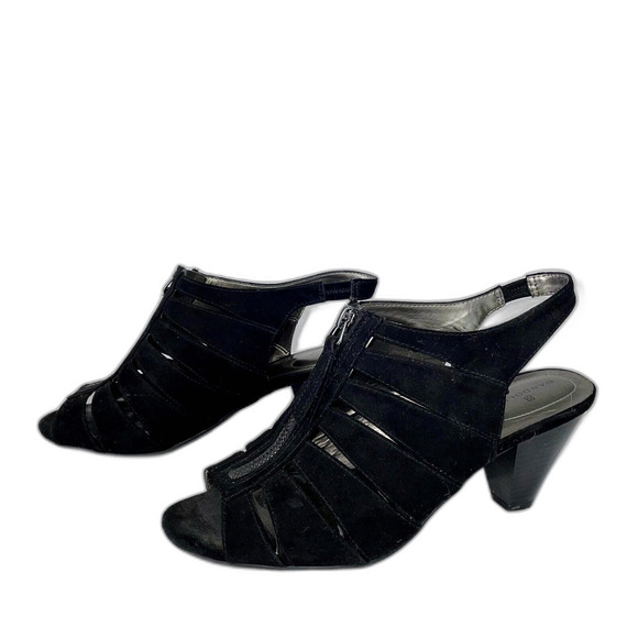 Bandolino Black Cage Micro Suede Peep Toe Heels Slingback Sandals Women's 8.5 - Picture 3 of 10